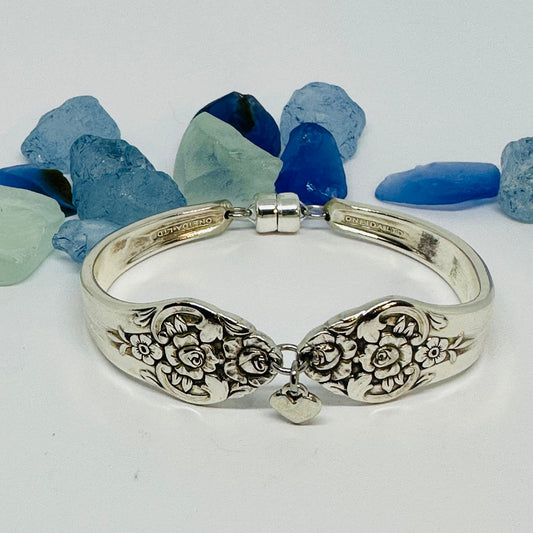 “Plantation” with Tiny Heart Charm - 1948 Spoon Bracelet | Vintage Silverware | Oneida | Up-Cycled Antique Silverware Spoon Bracelet