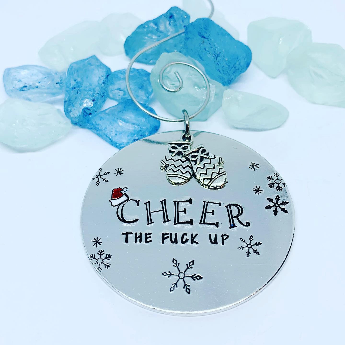 25 Cheer the Fuck Up Ornament | Snowflake Adult Christmas Tree | Mittens Charm | Hand Painted Hand Stamped Housewarming Gift | Santa Hat Design