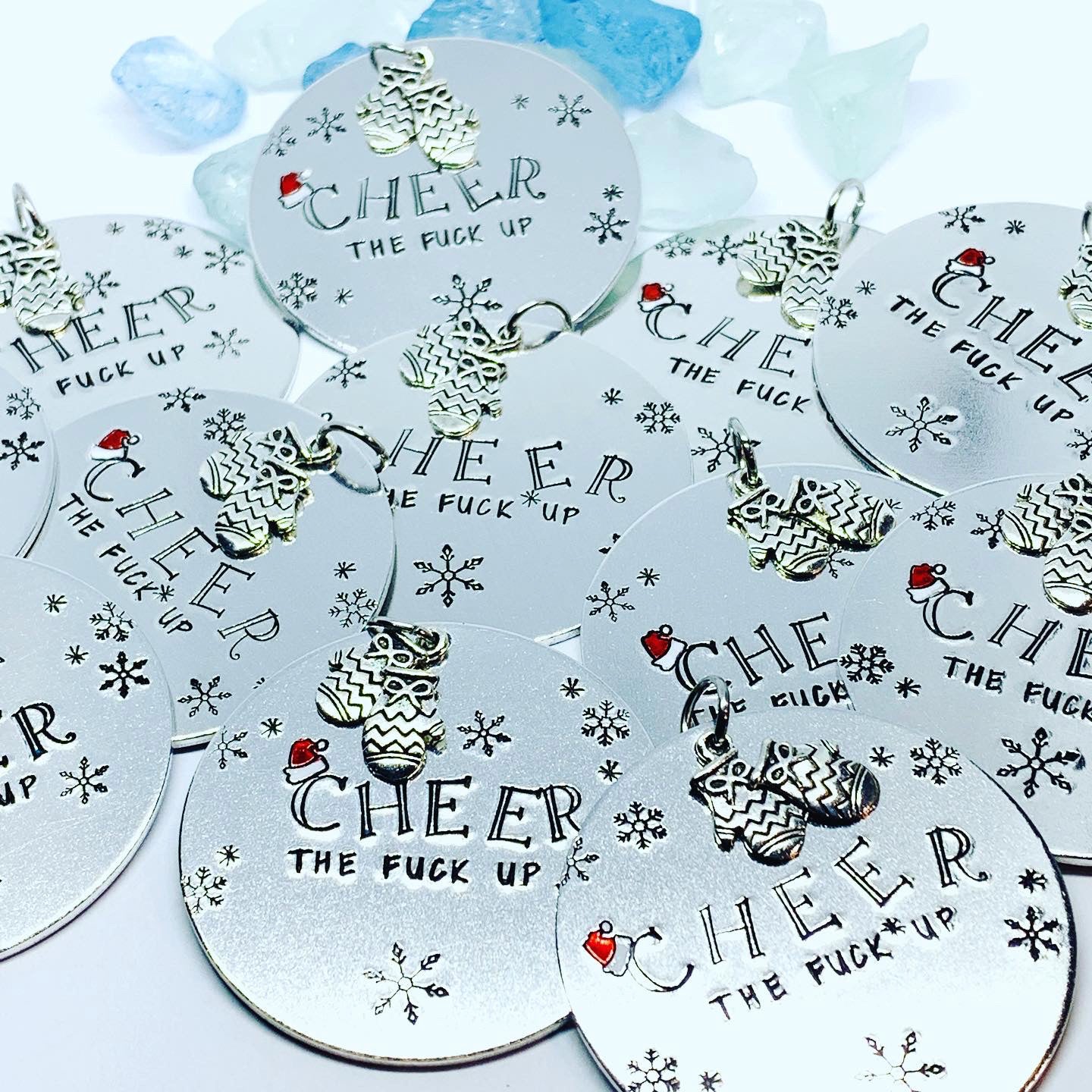 25 Cheer the Fuck Up Ornament | Snowflake Adult Christmas Tree | Mittens Charm | Hand Painted Hand Stamped Housewarming Gift | Santa Hat Design