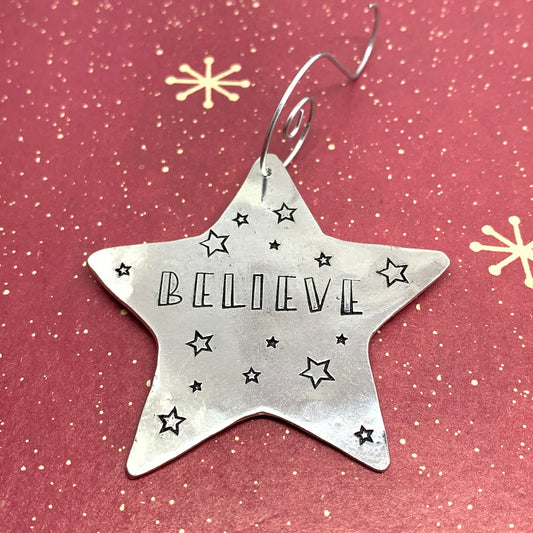 BELIEVE - Hand Stamped Pewter Star-Shaped Ornament | Christmas Tree Ornament | Hand Stamped Star Ornament