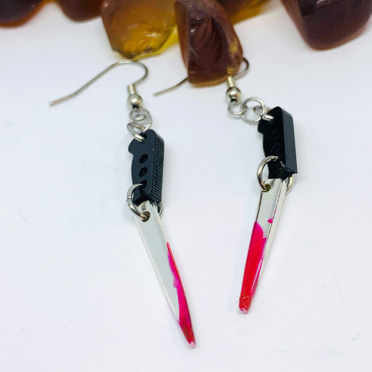 "Bloody Knife" Vintage Silverware Fork Tine Earrings w/ Silver Wires & Backs | Halloween Jewelry | Knife Earrings | Fake Blood Knife Jewelry