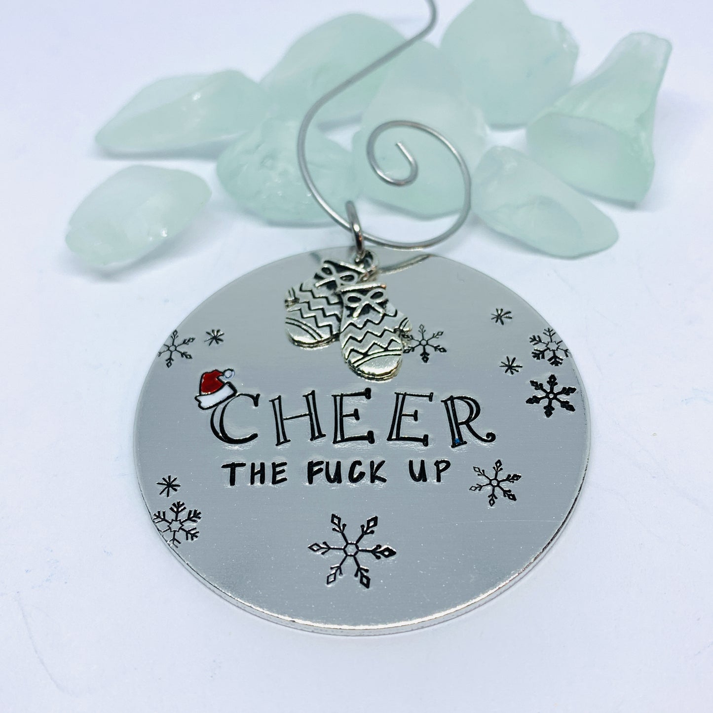 25 Cheer the Fuck Up Ornament | Snowflake Adult Christmas Tree | Mittens Charm | Hand Painted Hand Stamped Housewarming Gift | Santa Hat Design