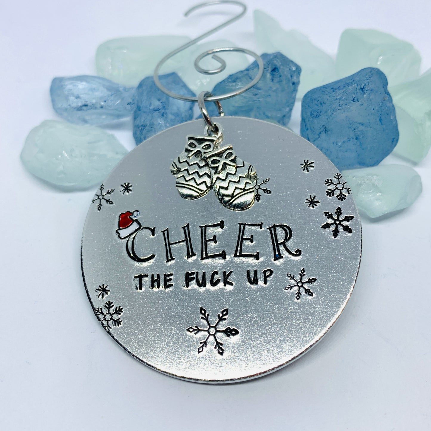 25 Cheer the Fuck Up Ornament | Snowflake Adult Christmas Tree | Mittens Charm | Hand Painted Hand Stamped Housewarming Gift | Santa Hat Design