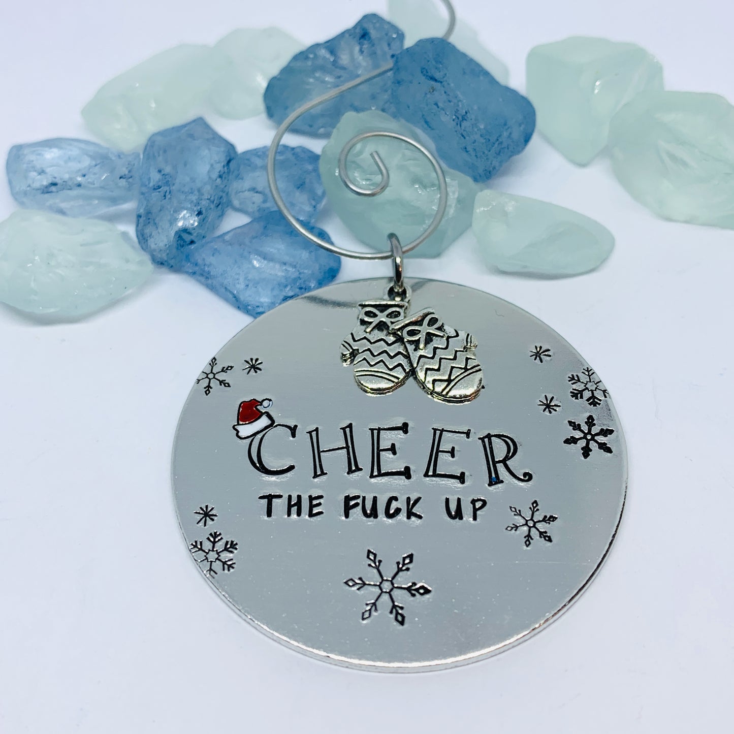 25 Cheer the Fuck Up Ornament | Snowflake Adult Christmas Tree | Mittens Charm | Hand Painted Hand Stamped Housewarming Gift | Santa Hat Design