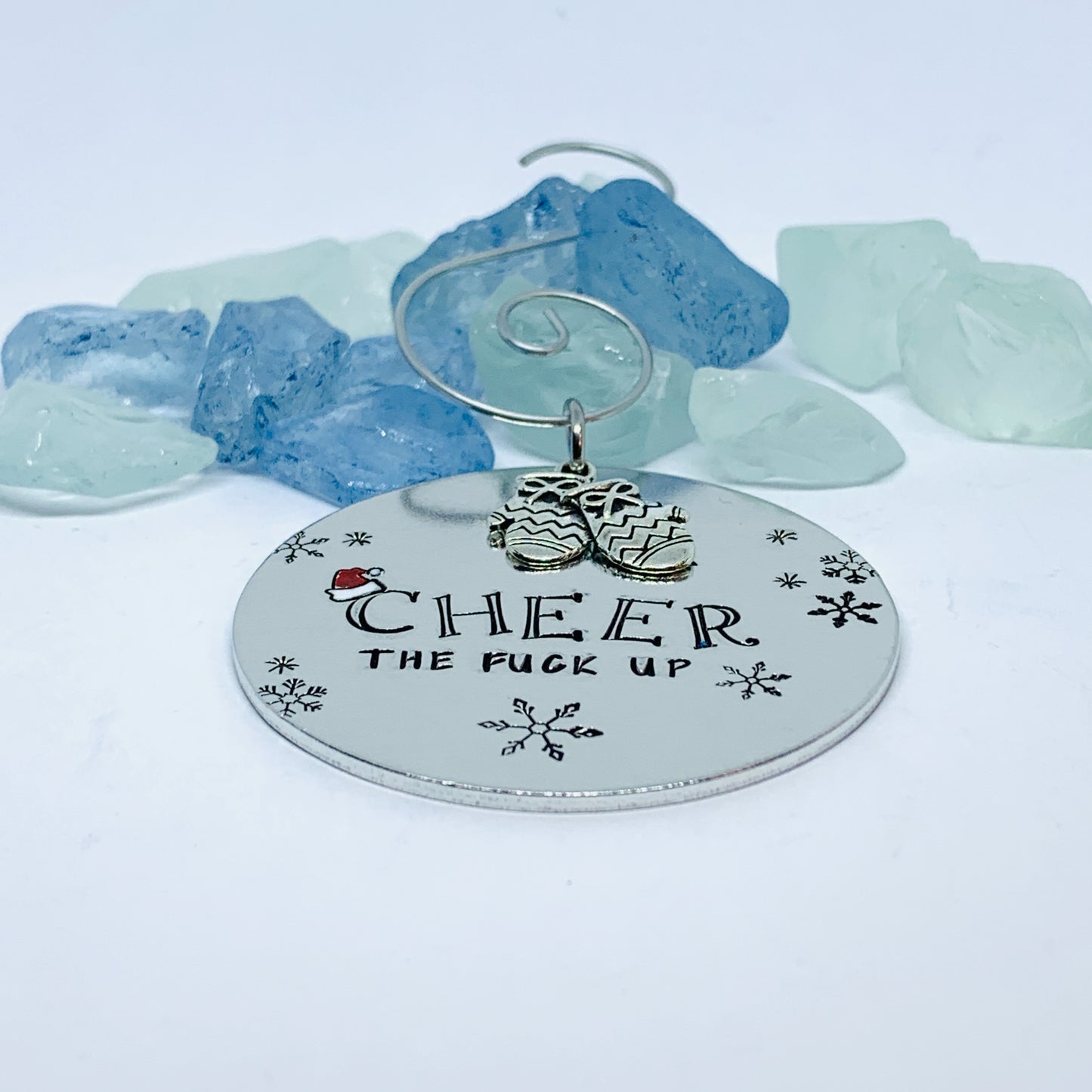 25 Cheer the Fuck Up Ornament | Snowflake Adult Christmas Tree | Mittens Charm | Hand Painted Hand Stamped Housewarming Gift | Santa Hat Design