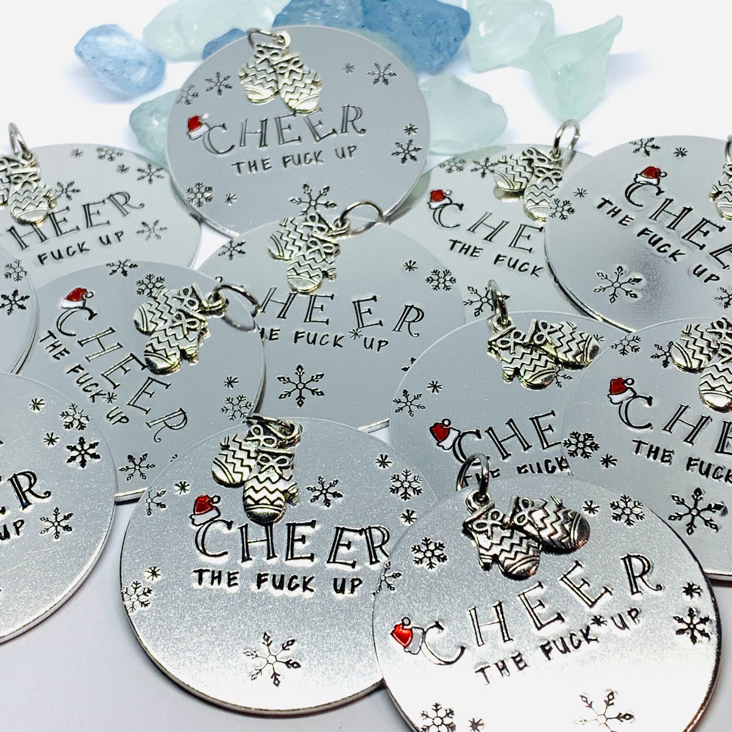 25 Cheer the Fuck Up Ornament | Snowflake Adult Christmas Tree | Mittens Charm | Hand Painted Hand Stamped Housewarming Gift | Santa Hat Design