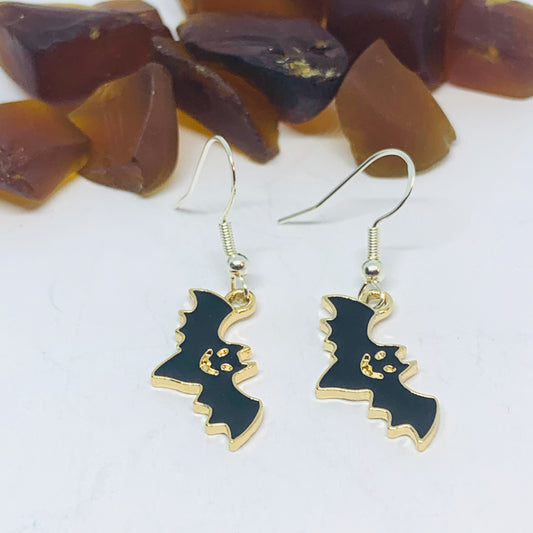 Black Bat Enamel Earrings with Silver Wires and Backs | Chiroptera Earrings | Fall Jewelry | Bat Earrings | Halloween Earrings