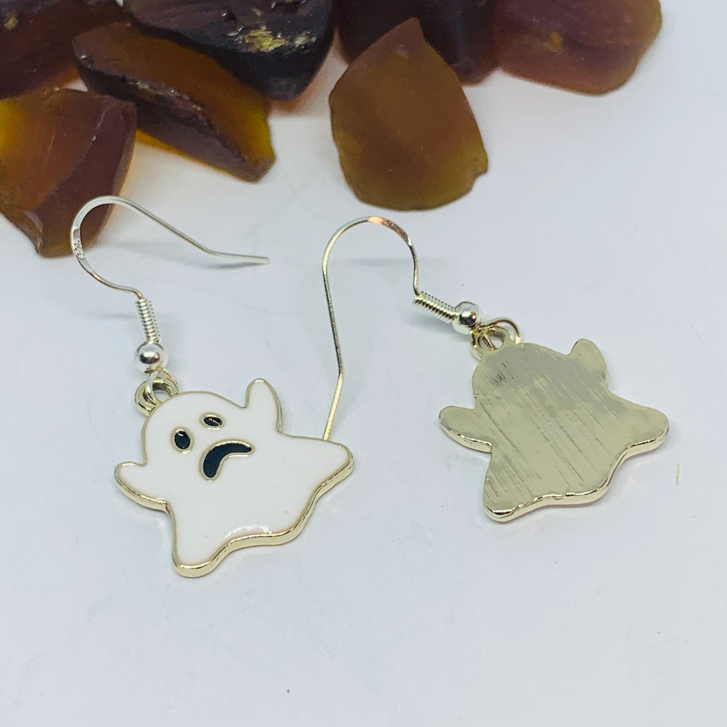 White Ghost Enamel Earrings with Silver Wires and Backs | Spirit Earrings | Fall Jewelry | Ghost Earrings | Halloween Earrings