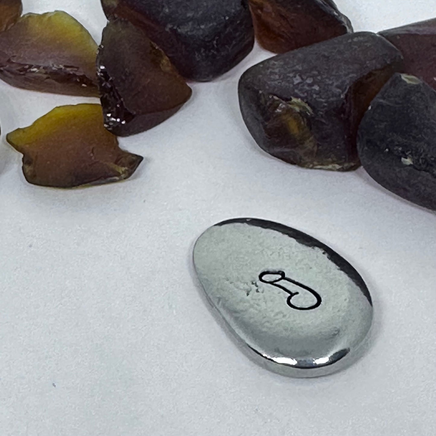 Penis Pewter Pocket Pebble | Rub Me! I Squirt! | Adult Pocket Stone | Two-sided Pocket Charm | Stamped Metal Worry Stone | Fun Adult Gag