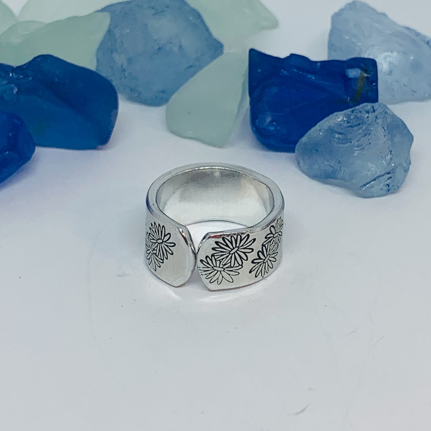 Aster Flowers Hand Stamped Ring | September Birth Flower Ring | Stamped Metal Cuff Ring | Adjustable Ring with Flowers | Gift for Her
