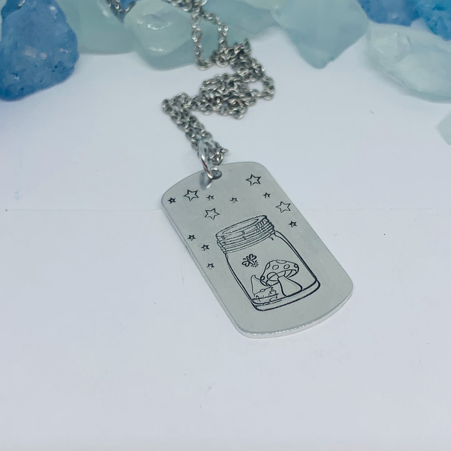 Fireflies Gnome Stars Dog Tag Pendant Necklace | Outdoors Summer Lightning Bugs Fun | Gnome Toadstool in a Jar | Mushroom Gnome Stars Jar