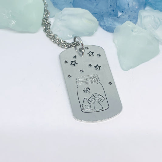Fireflies Gnome Stars Dog Tag Pendant Necklace | Outdoors Summer Lightning Bugs Fun | Gnome Toadstool in a Jar | Mushroom Gnome Stars Jar