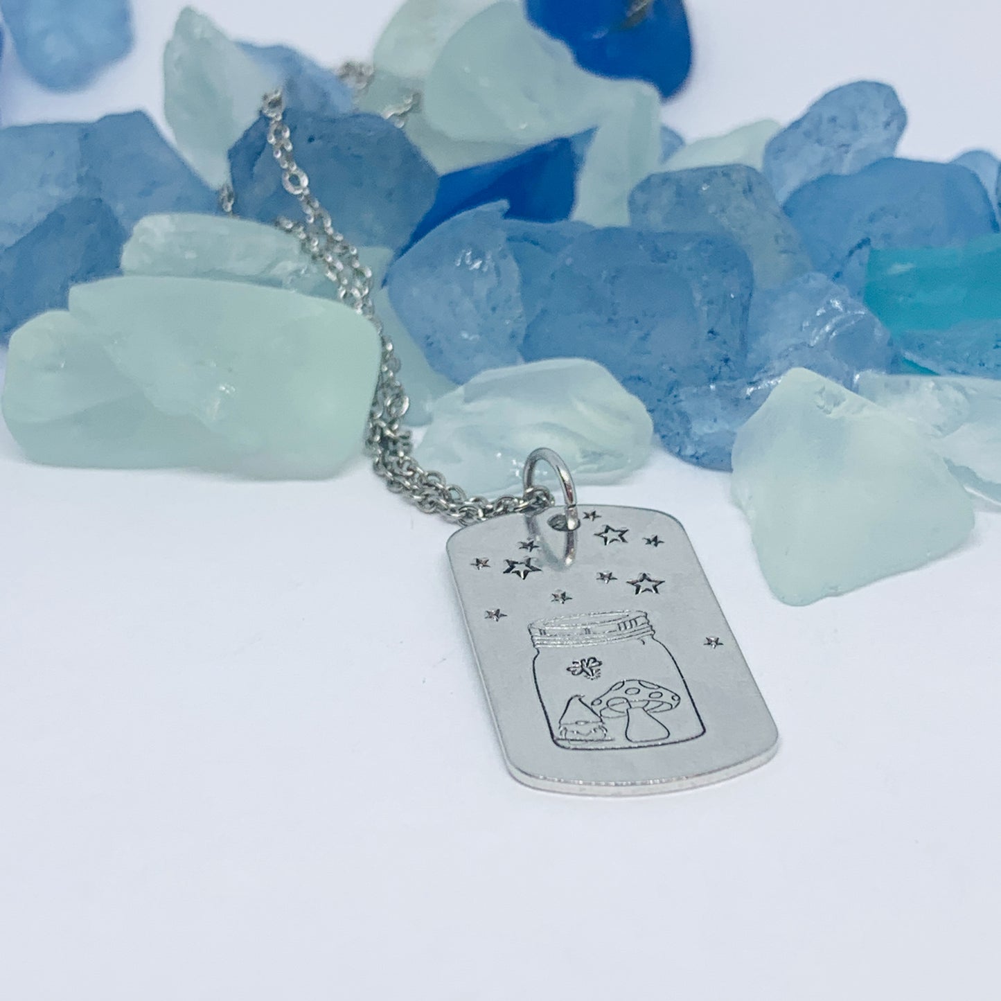 Fireflies Gnome Stars Dog Tag Pendant Necklace | Outdoors Summer Lightning Bugs Fun | Gnome Toadstool in a Jar | Mushroom Gnome Stars Jar