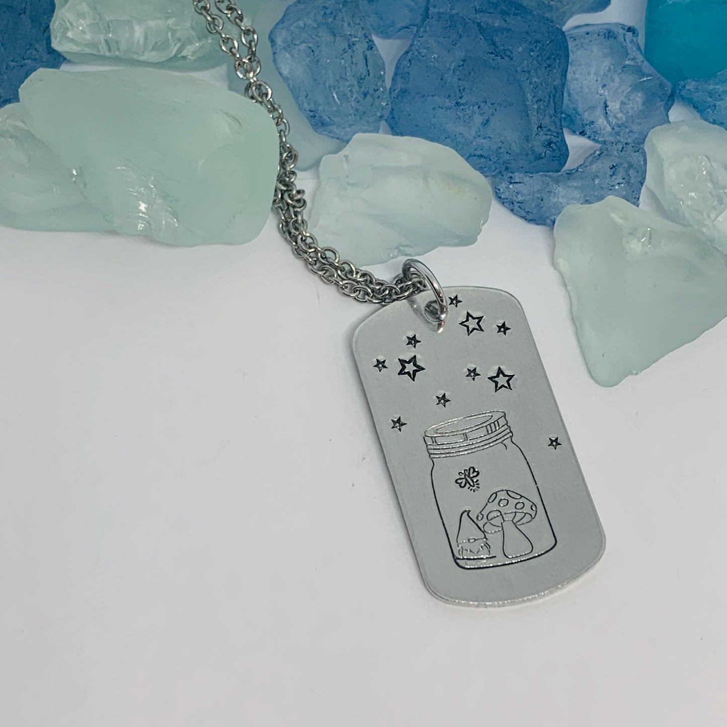 Fireflies Gnome Stars Dog Tag Pendant Necklace | Outdoors Summer Lightning Bugs Fun | Gnome Toadstool in a Jar | Mushroom Gnome Stars Jar