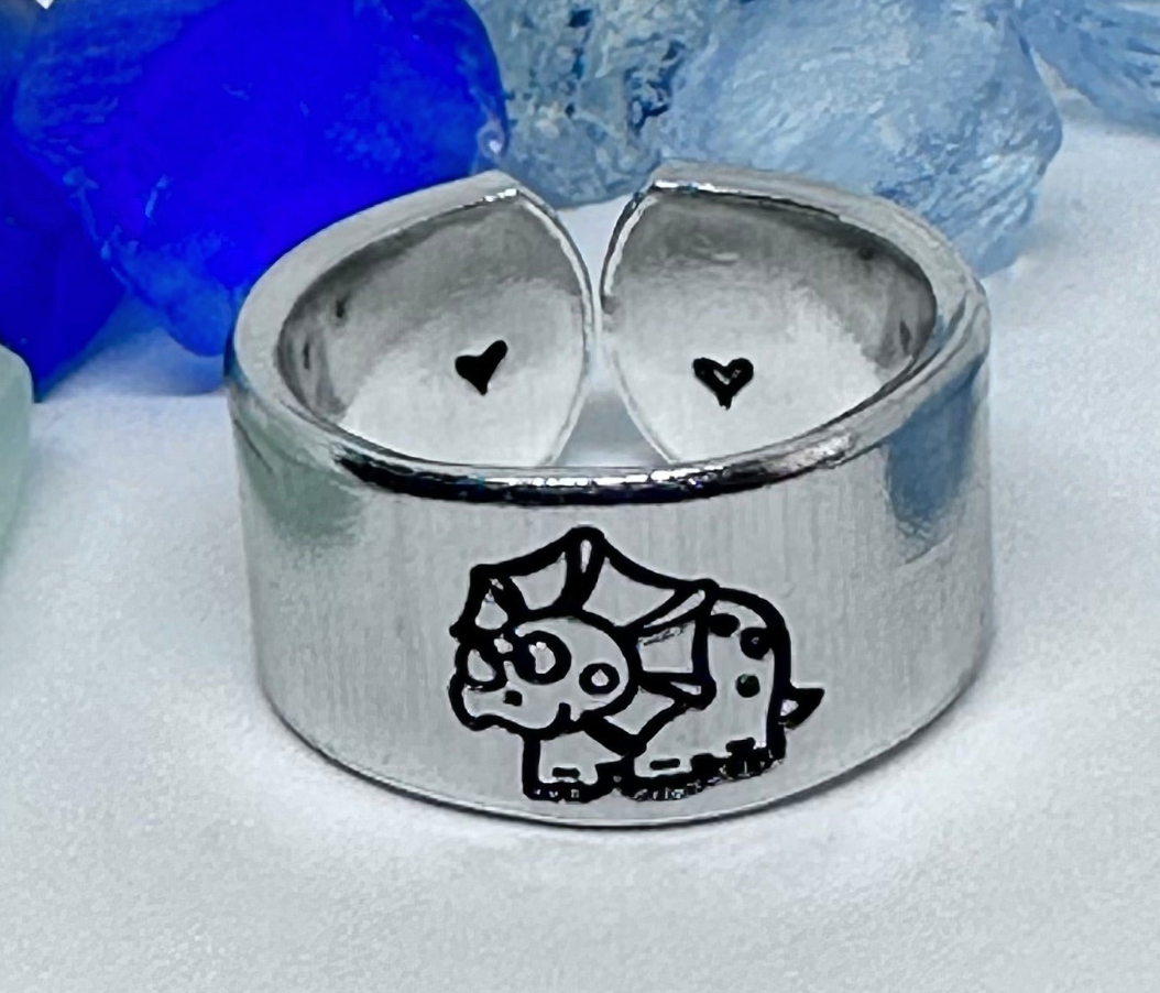 Dinosaurs Hand Stamped Metal Stacking Ring | Dino Adjustable Ring | Cute Fun Stegosaurus Ceratops