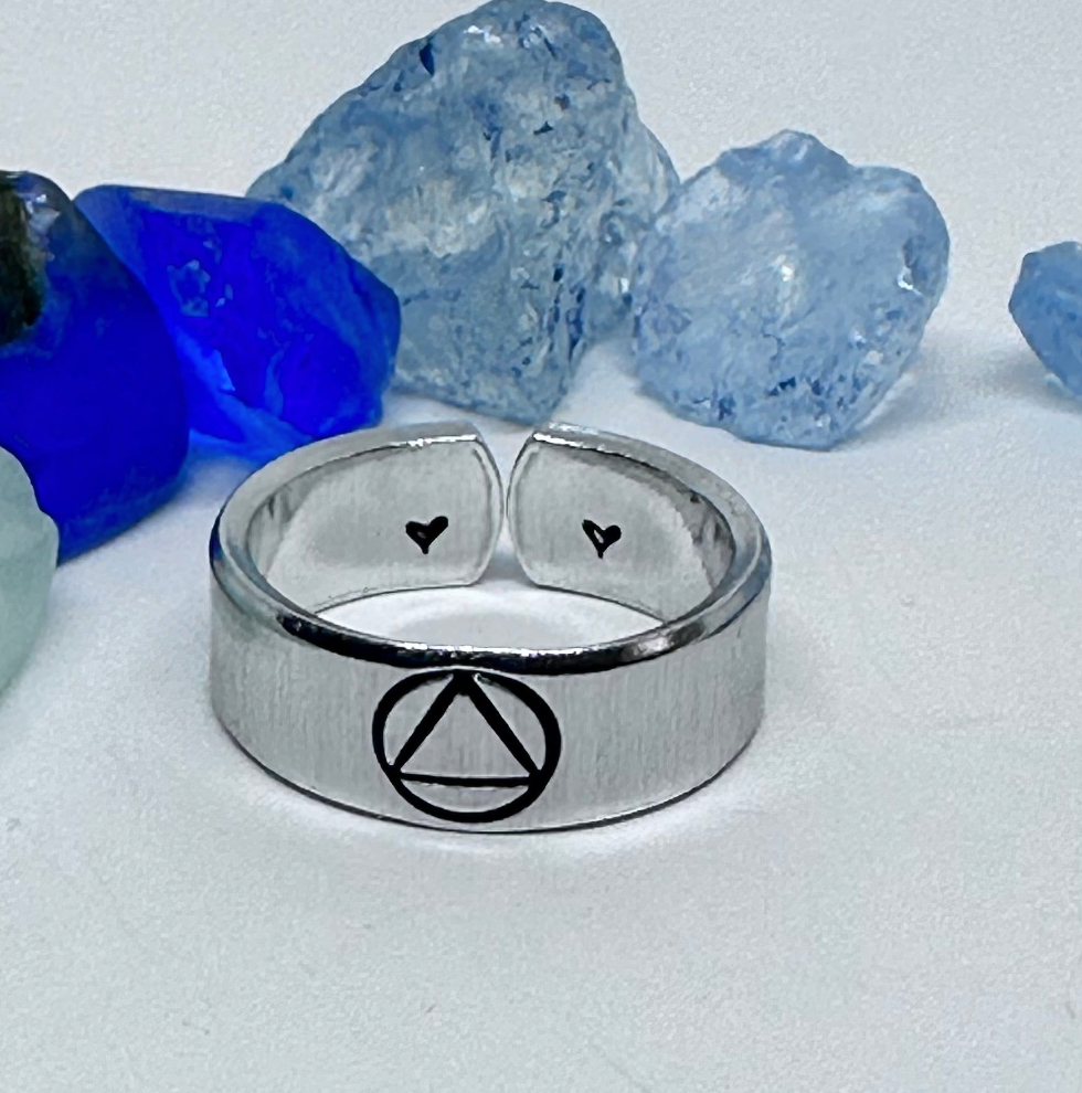Sobriety Symbol Hand Stamped Metal Stacking Ring | Alcoholics Anonymous Abstinent Abstemious Adjustable | Circle Triangle