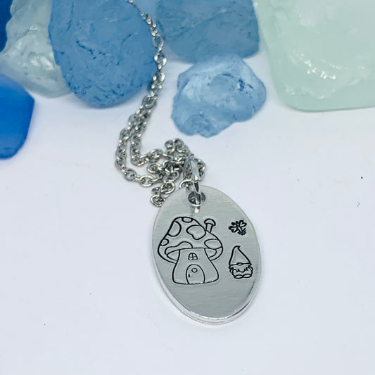 Gnome Toadstool Hand Stamped Necklace | Gnomies Necklace | Gift for Her | Gnome Necklace | Garden Mushrooms | Matching Set | Mushroom Gnome