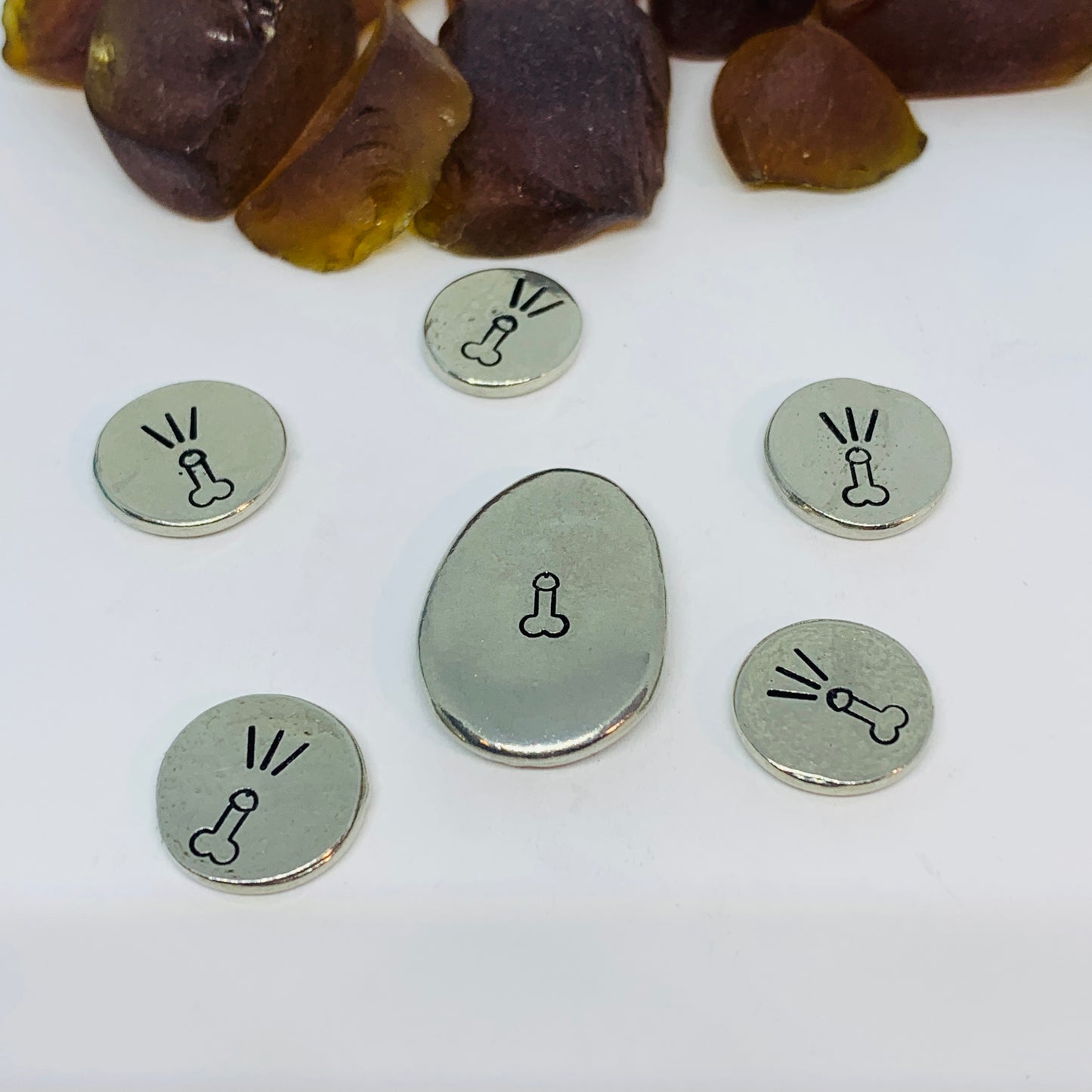 Penis Pewter Pocket Pebble | Rub Me! I Squirt! | Adult Pocket Stone | Two-sided Pocket Charm | Stamped Metal Worry Stone | Fun Adult Gag