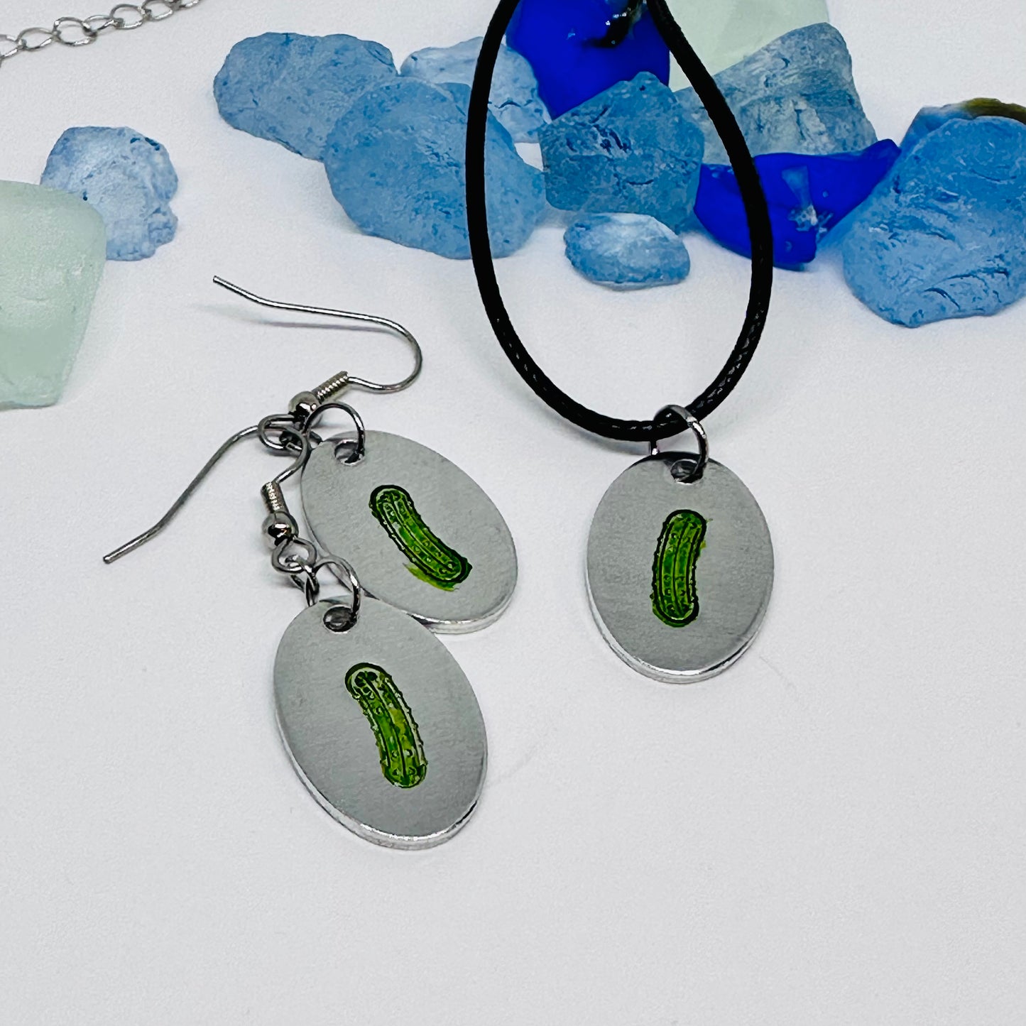 Pickles Hand Stamped & Painted Oval Drop Earrings | Green Pickles on Surgical Steel Ear Wires | Pickle Fest | Picklelicious