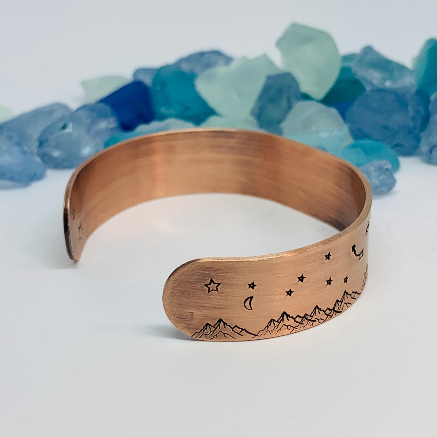 Hand Stamped Copper Mountainscape Cuff Bracelet | Mountains Stars Moons Dipper | Gift for Her | Copper Patina