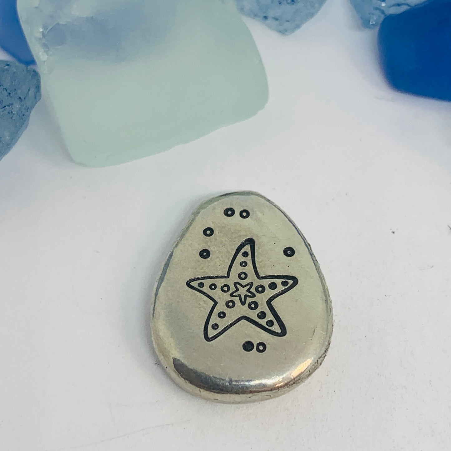 Beach Themed Pewter Pocket Pebble | Worry Stone | Ease Anxiety | Sea Shells Mermaid