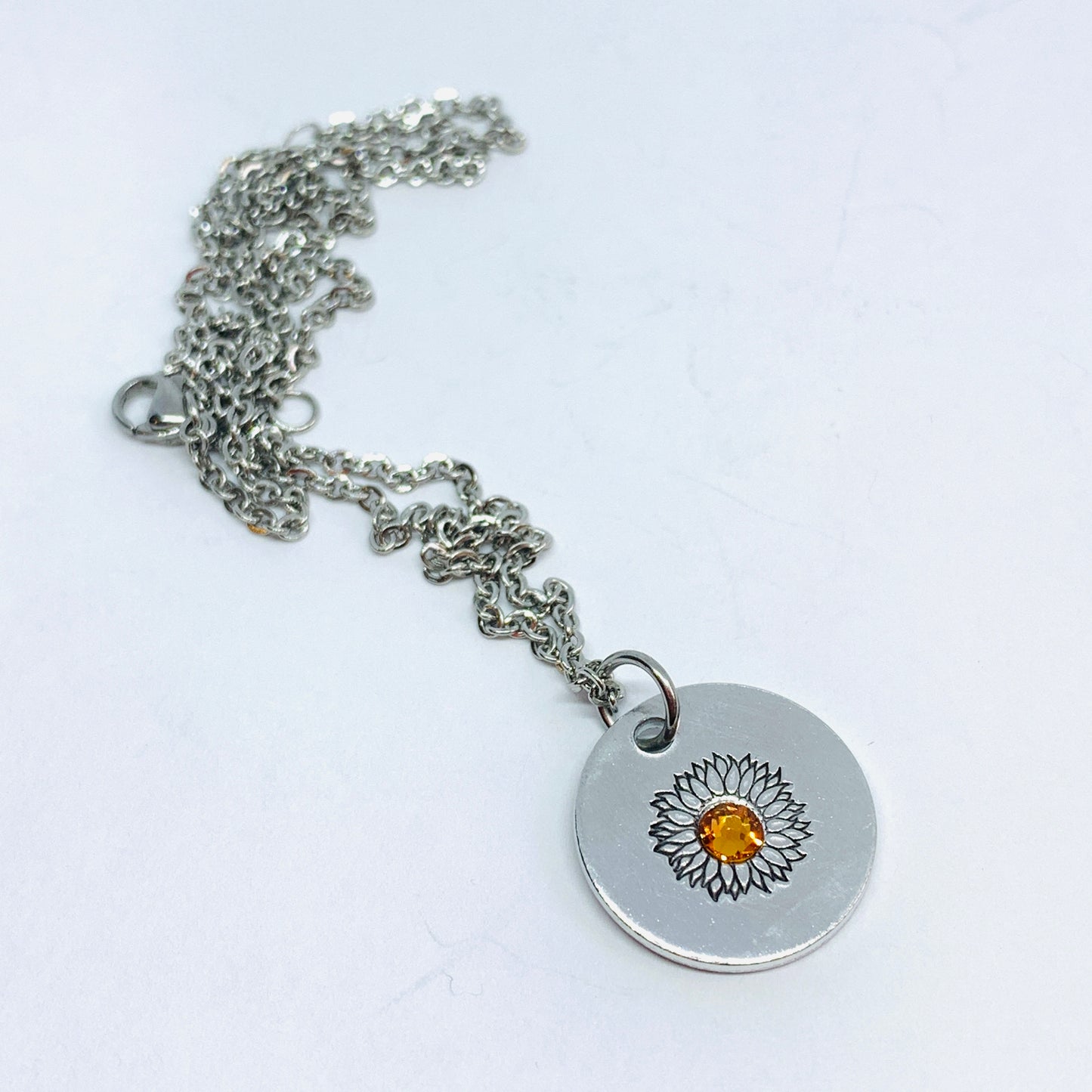 Sunflower - Hand Stamped Necklace | Hand-painted Ukrainian Sunflower Designs | Sunflower Peace | No War | Swarovski Crystal | Solidarity