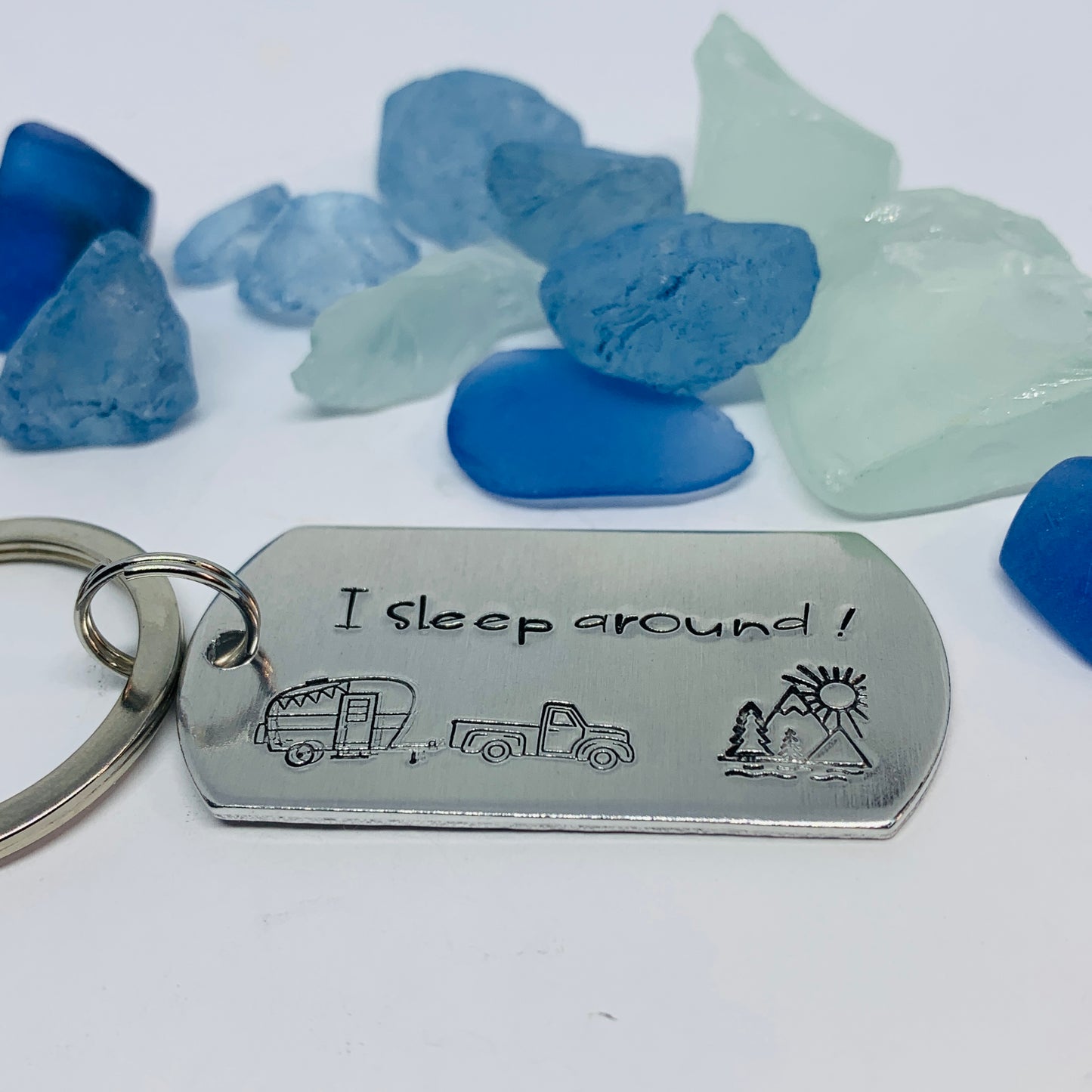 I Sleep Around Camping Fun Keyring | Hand Stamped Metal Keyring | Humorous Gift for Outdoors Lovers | Hikers Keychain Gift | Camper’s Life Gift Idea