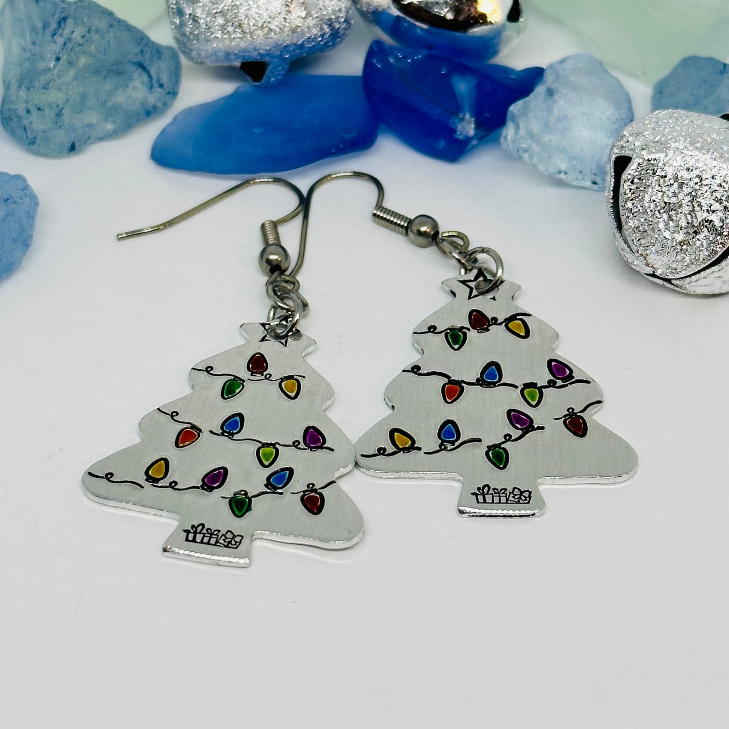 Hand Stamped Christmas Tree Earrings | Painted Christmas Tree Light Bulbs | Gifts for Her | Fun Holiday Earrings | Holiday Jewelry | Funky