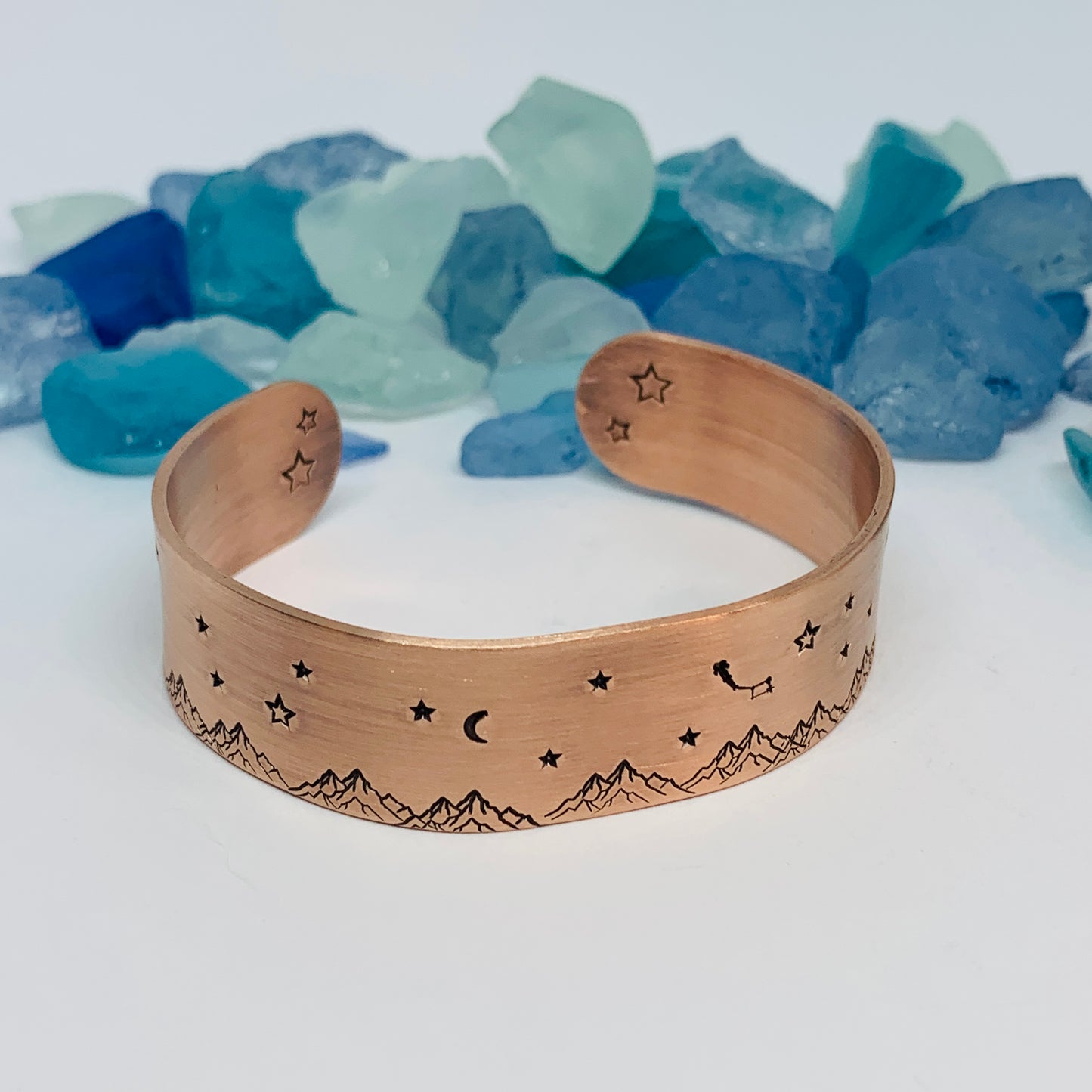 Hand Stamped Copper Mountainscape Cuff Bracelet | Mountains Stars Moons Dipper | Gift for Her | Copper Patina