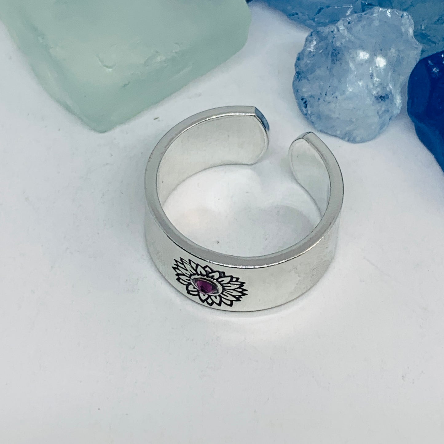 Sunflower Hand Stamped Cuff Ring with Swarovski Crystal | Birthstone Ring | Outdoorsy Nature Flowers | Gift | Ukraine