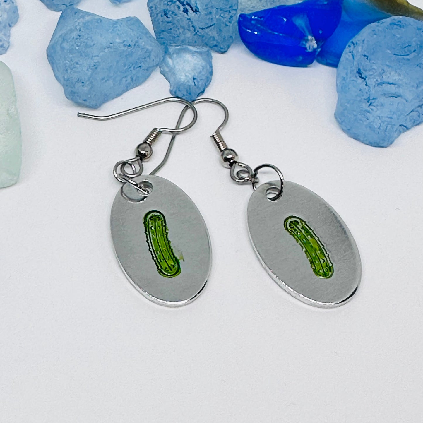 Pickles Hand Stamped & Painted Oval Drop Earrings | Green Pickles on Surgical Steel Ear Wires | Pickle Fest | Picklelicious