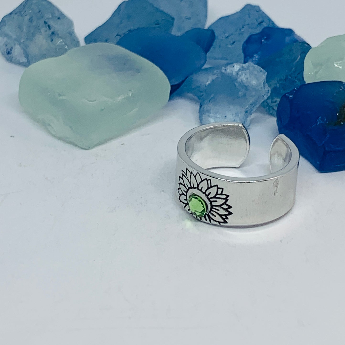 Sunflower Hand Stamped Cuff Ring with Swarovski Crystal | Birthstone Ring | Outdoorsy Nature Flowers | Gift | Ukraine