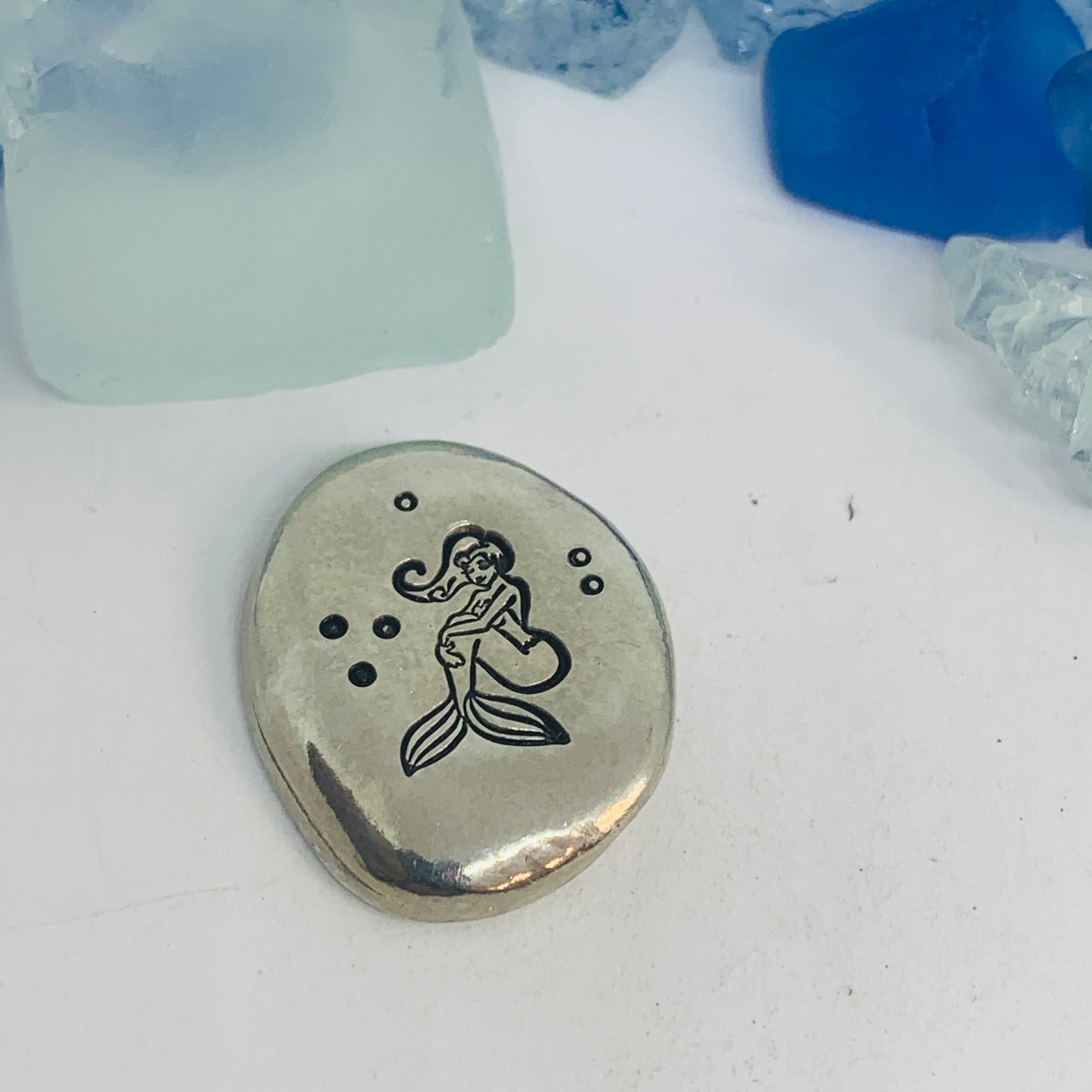 Beach Themed Pewter Pocket Pebble | Worry Stone | Ease Anxiety | Sea Shells Mermaid