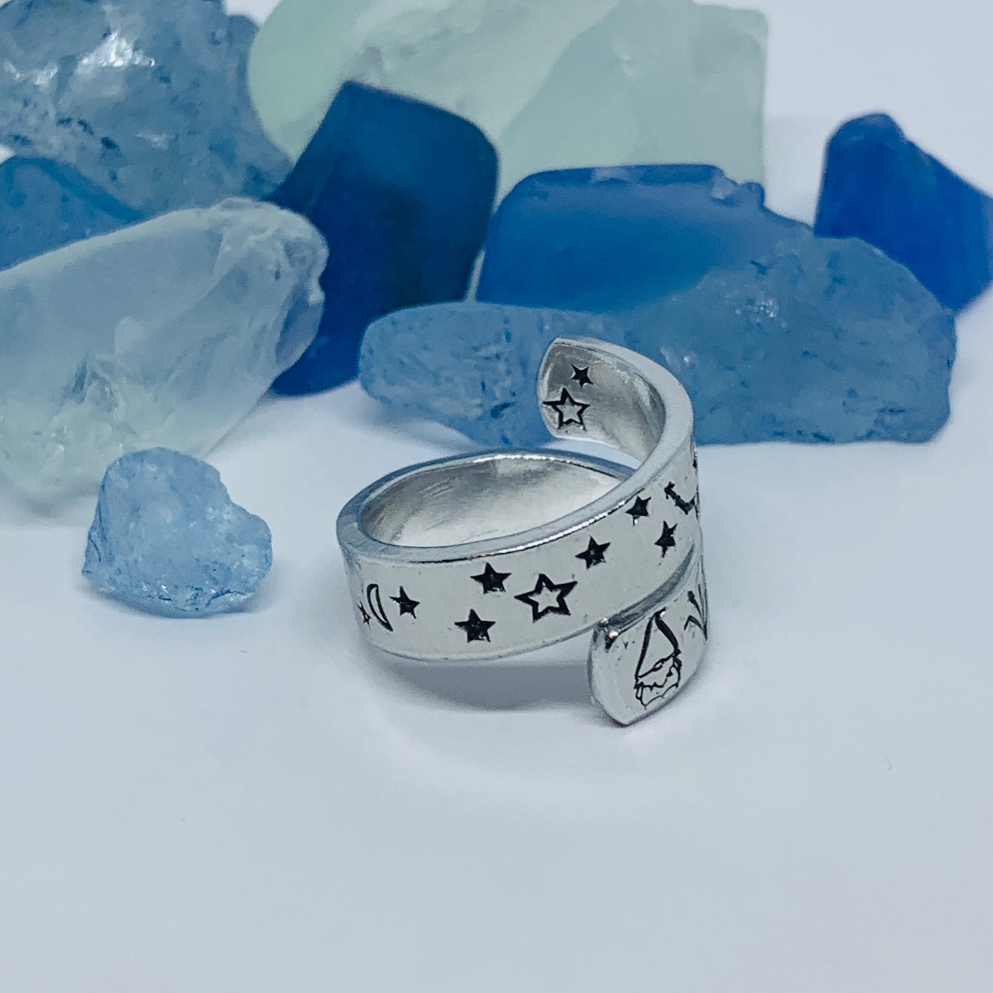 Gnome Garden Hand Stamped Wrap Ring | Gnome Ring | Garden Grass Gnome Firefly Ring | Moons Stars Gnomes Bees Grasses Fireflies | Fantasy