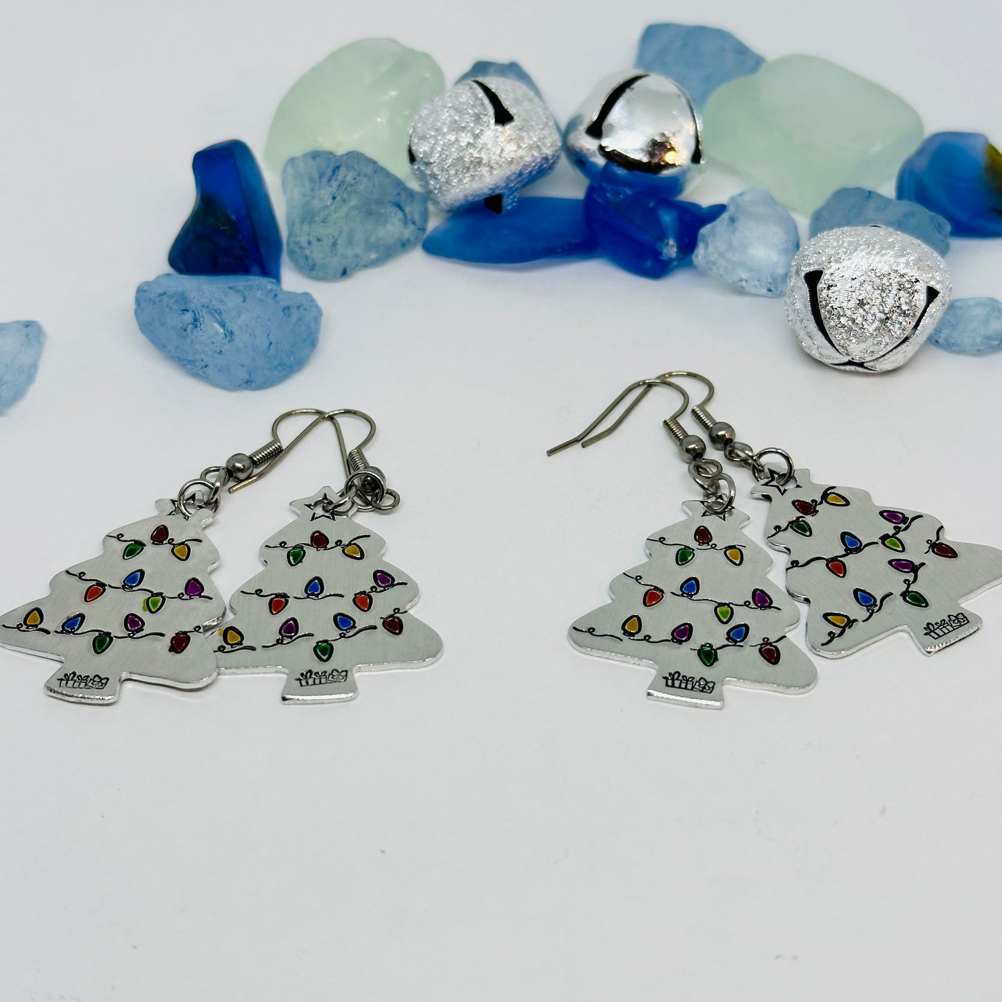 Hand Stamped Christmas Tree Earrings | Painted Christmas Tree Light Bulbs | Gifts for Her | Fun Holiday Earrings | Holiday Jewelry | Funky