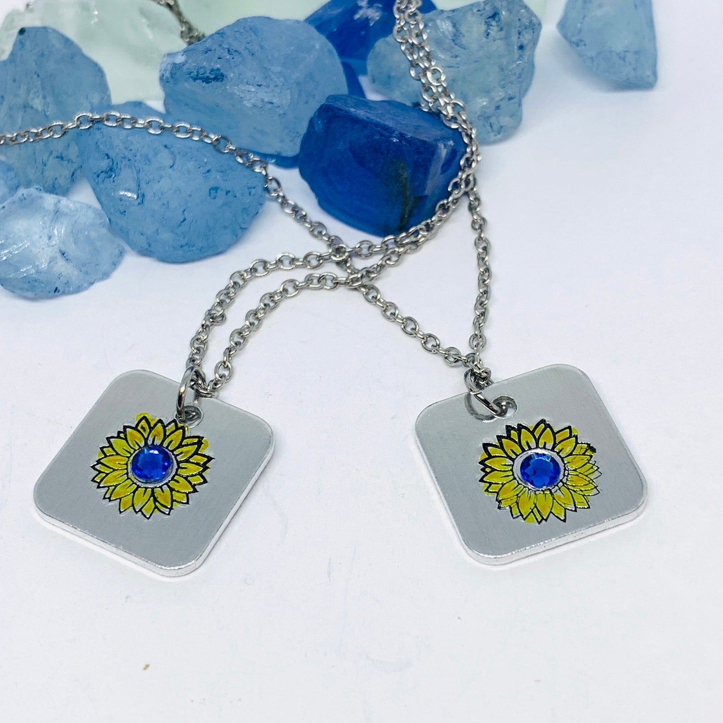 Sunflower - Hand Stamped Necklace | Hand-painted Ukrainian Sunflower Designs | Sunflower Peace | No War | Swarovski Crystal | Solidarity