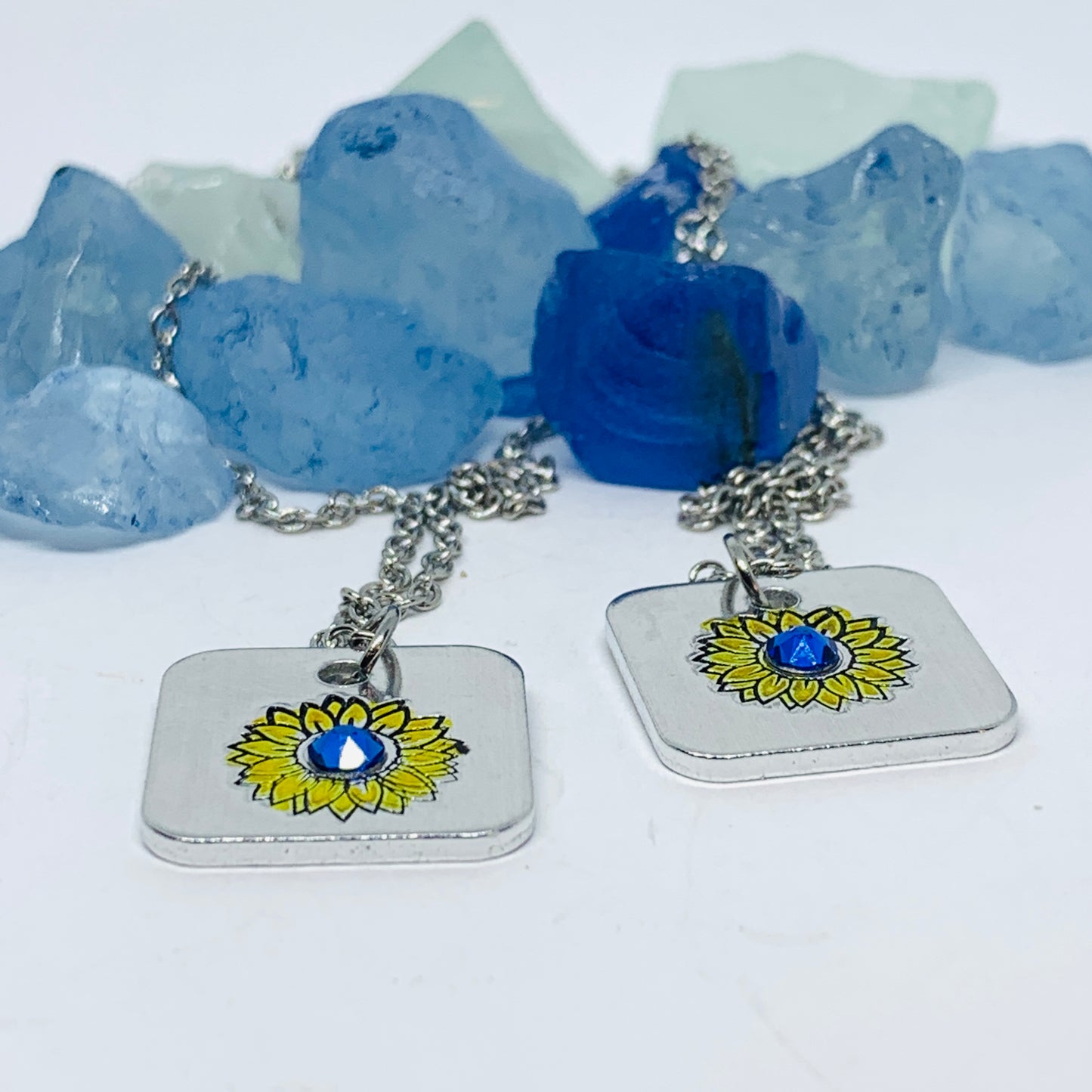 Sunflower - Hand Stamped Necklace | Hand-painted Ukrainian Sunflower Designs | Sunflower Peace | No War | Swarovski Crystal | Solidarity