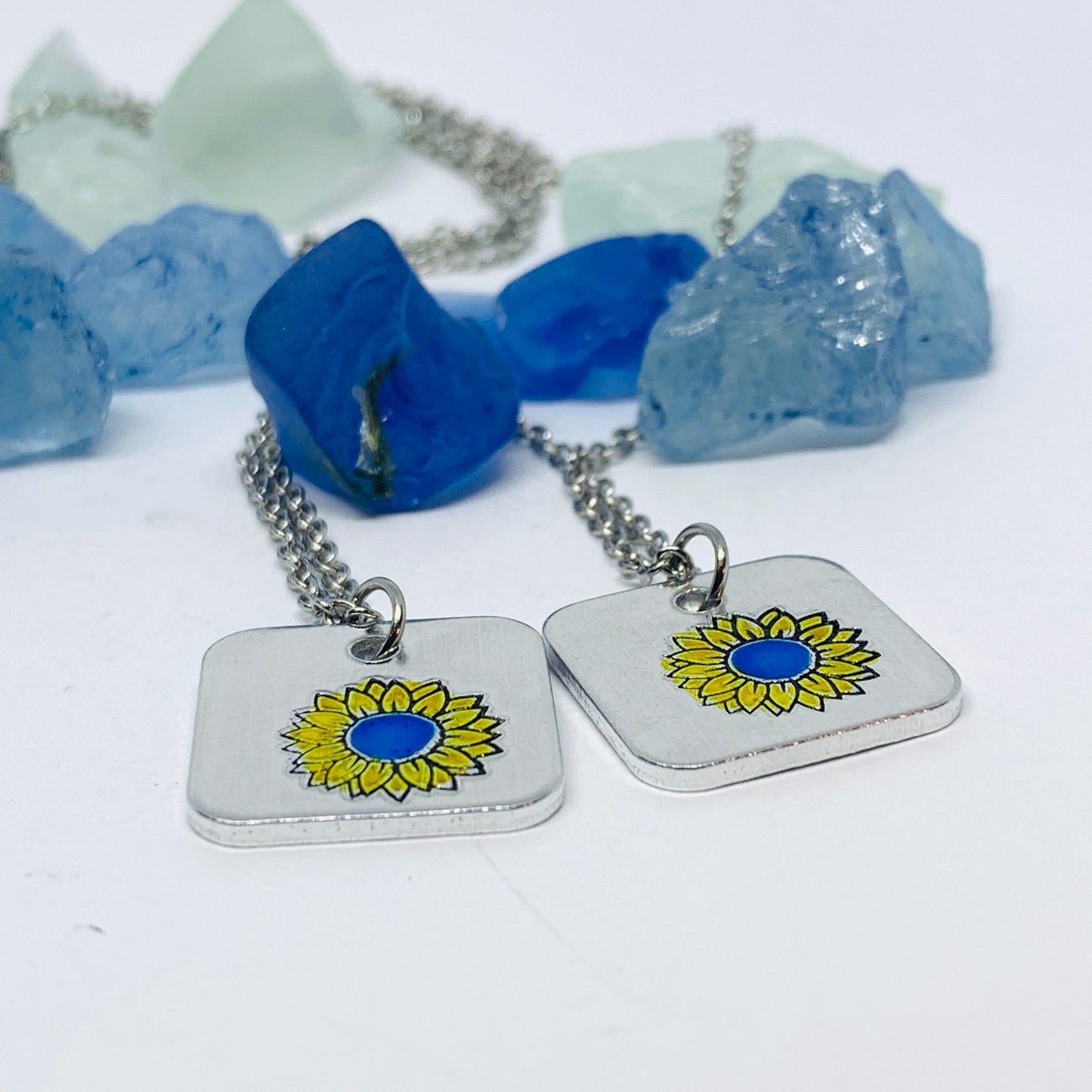 Sunflower - Hand Stamped Necklace | Hand-painted Ukrainian Sunflower Designs | Sunflower Peace | No War | Swarovski Crystal | Solidarity