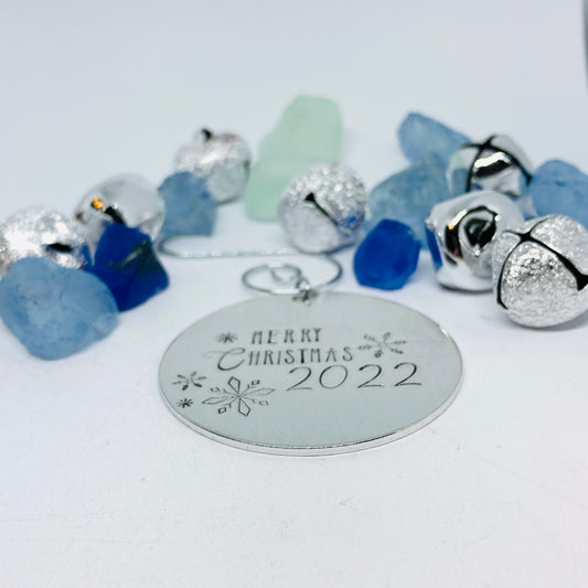 Merry Christmas 2022 Hand Stamped Ornament | Aluminum Round Snowflakes | Christmas | Hand Crafted Tree Decor | Holiday Decoration
