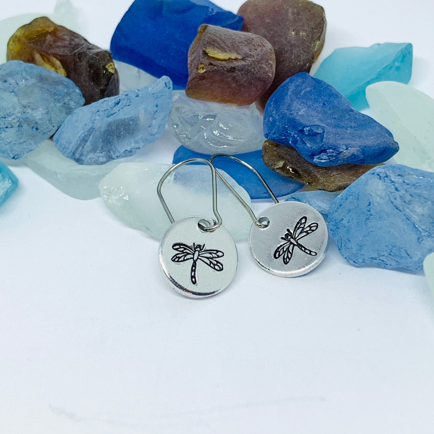 Hand Stamped Dragonfly Silver Wire Earrings with Backs | Hand Stamped Metal Dragonfly Firefly Earrings | Gifts for Her | Nature Earrings