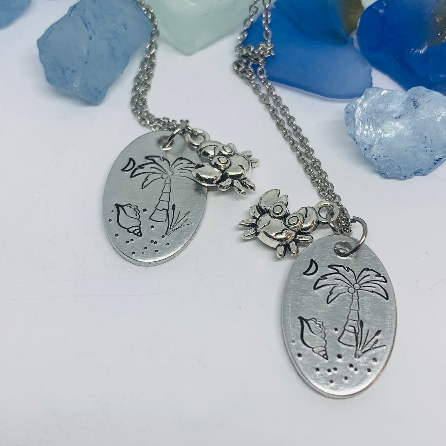 Beach Scene - Hand Stamped Necklace | Tropical | Vacation Jewelry | Crab Charm | Palm Trees Sand Shells Crescent Moon | Cruise | South Carolina