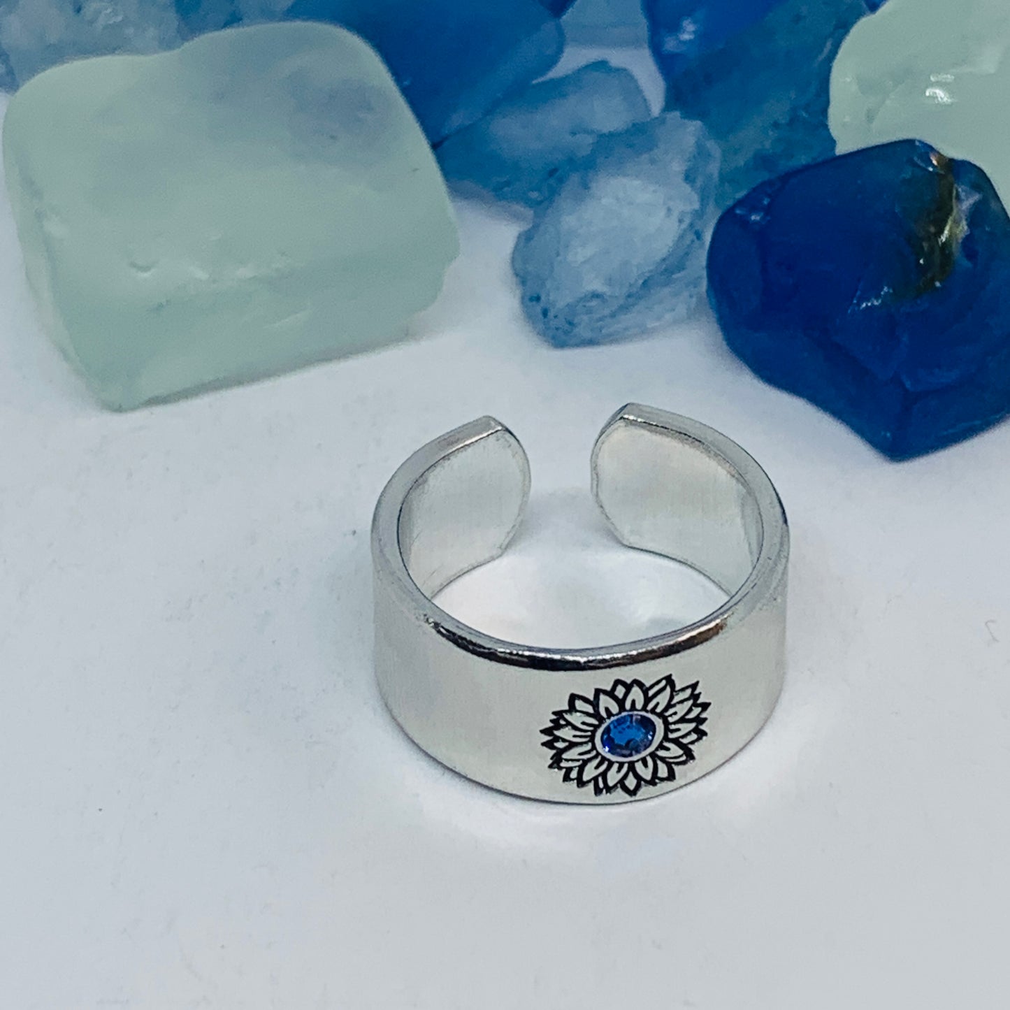 Sunflower Hand Stamped Cuff Ring with Swarovski Crystal | Birthstone Ring | Outdoorsy Nature Flowers | Gift | Ukraine