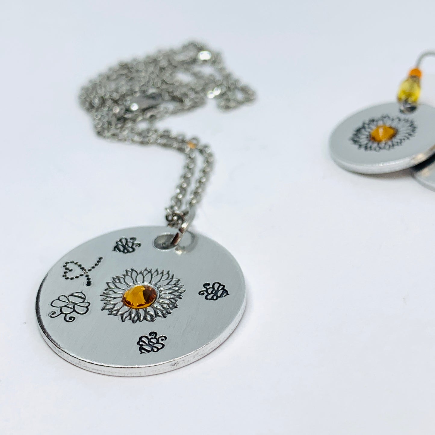 Sunflower and Bumblebees with Swarovski Crystal - Hand Stamped Necklace