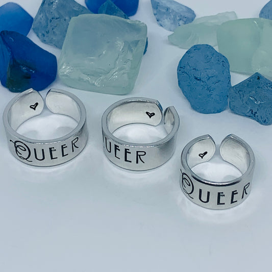 QUEER Hand Stamped Ring | ODAT Ring | Stamped Metal Cuff Ring | LGBTQ AI + Ally | Acceptance Jewelry | Gender Identity