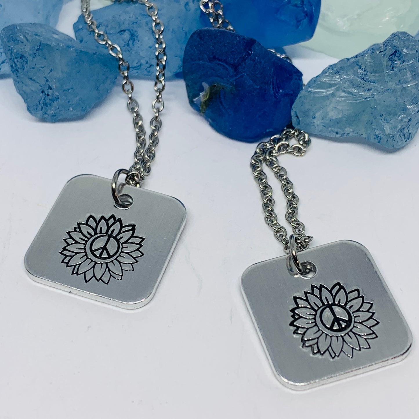 Sunflower - Hand Stamped Necklace | Hand-painted Ukrainian Sunflower Designs | Sunflower Peace | No War | Swarovski Crystal | Solidarity