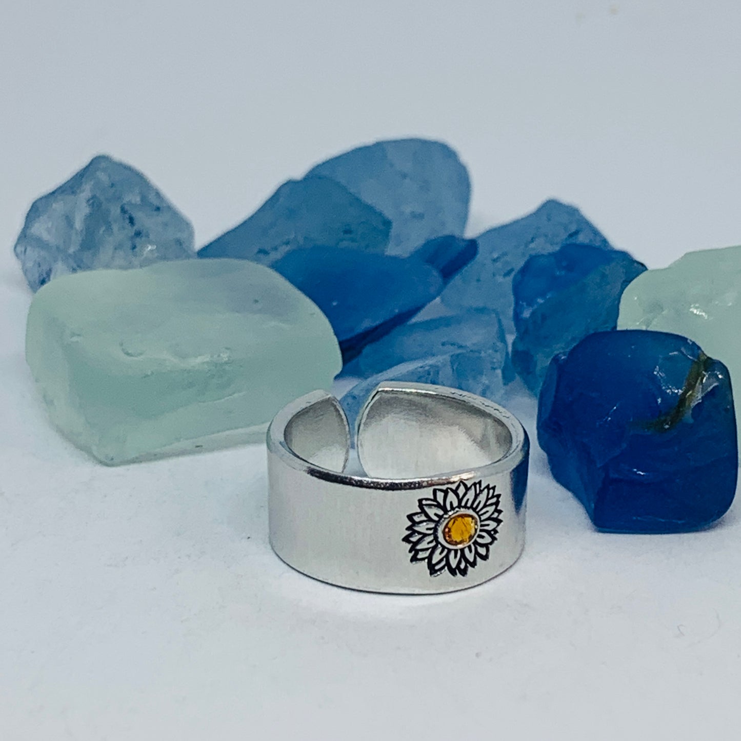 Sunflower Hand Stamped Cuff Ring with Swarovski Crystal | Birthstone Ring | Outdoorsy Nature Flowers | Gift | Ukraine