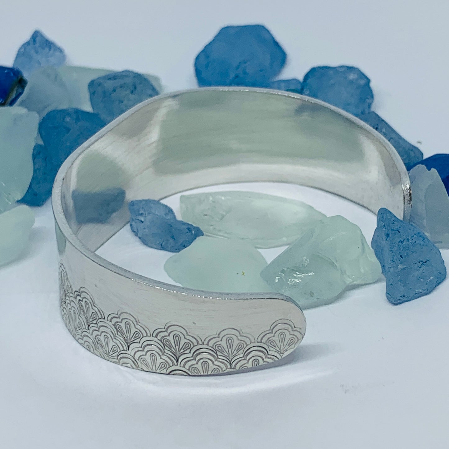Scalloped Fan Tapered Partial Hand Stamped Cuff Bracelet | Vintage Design