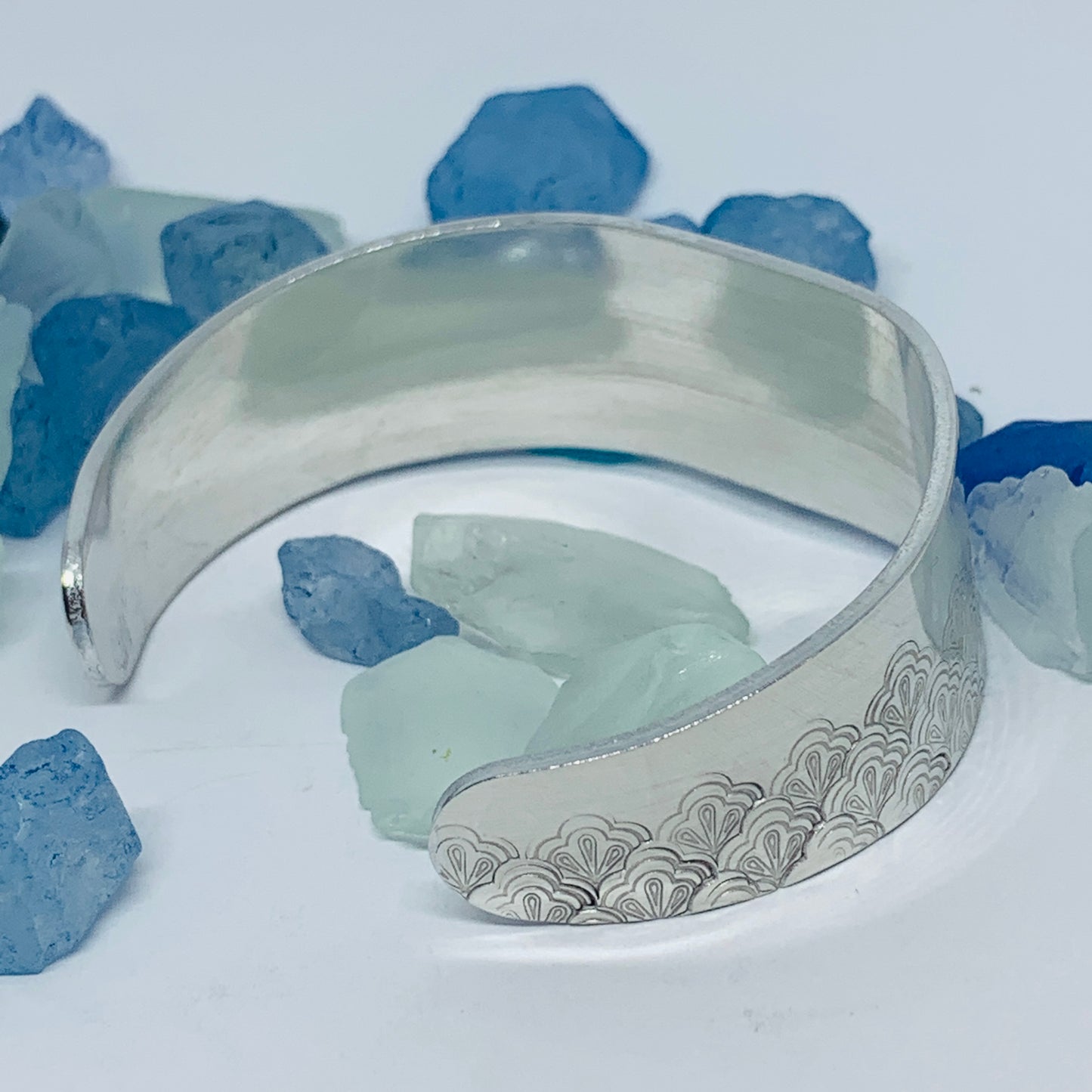 Scalloped Fan Tapered Partial Hand Stamped Cuff Bracelet | Vintage Design