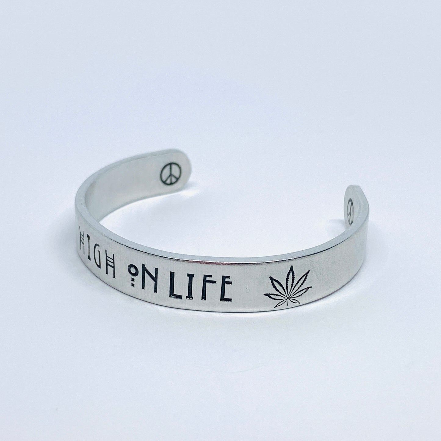 High on Life Hand Stamped Cuff Bracelet | Marijuana Hemp Leaf Dispensary Mary Jane | Stoned | Weed