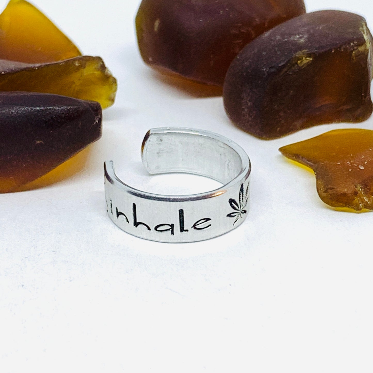 Inhale Exhale Hand Stamped Ring | Dispensary Pot Ring | Stamped Metal Cuff Ring | Marijuana Friendly | Pothead Jewelry | Weed Cannabis
